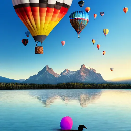 Image similar to photo of two black swans touching heads in a beautiful reflective mountain lake, a colorful hot air balloon is flying above reflecting off water, hot air balloon, intricate, 8k highly professionally detailed, centered, HDR, CGsociety