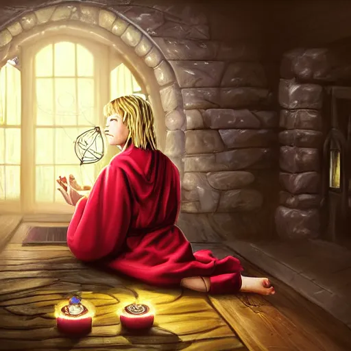 Image similar to Portrait of a 12 year old white boy with blond medium length hair, sitting cross-legged, wearing red sorcerer's robes, holding an illuminated crystal ball in his hands and gazing into it, inside of a cabin, Dungeon's & Dragons, digital illustration, deviantart, matte fantasy painting, by Jason Felix by Steve Argyle by Tyler Jacobson by Peter Mohrbacher