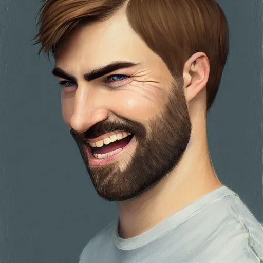 Prompt: tall chunky man in his twenties with brown blond short regular haircut and round facial structure with cleft chin, straight eyebrows, big grey blue eyes, grinning, slightly set back jaw, cheekbones, straight nose, wider face, shadow of beard, atmospheric lighting, painted, intricate, 4 k, highly detailed by charlie bowater