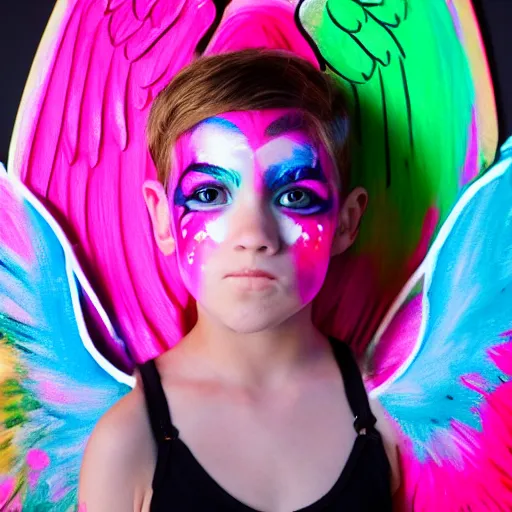 Image similar to photoshoot of a cute young woman with a tomboy hairstyle and angel wings. She has her face painted with neon paint