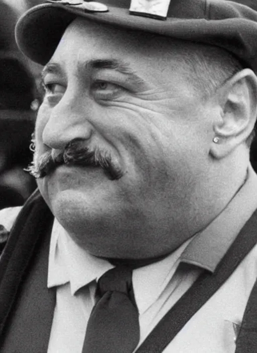 Image similar to a 1987 photo of a fat and bald Robert deniro with a mustache as a policeman, detailed