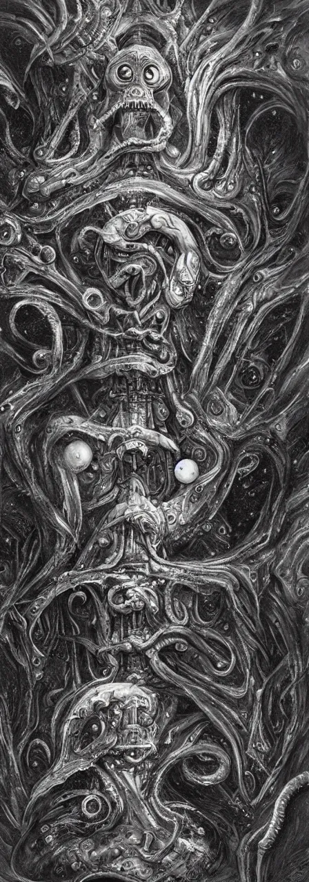 Prompt: 3D Lovecraftian and Astronaut pareidolia, cosmic horror concept, discovery concept, engineered by H.R. Giger, painter by gustave doré