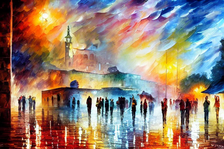 Prompt: paint brush strokes, abstract watercolor painting of western wall in jerusalem in the rain, cinematic light, american romanticism by greg rutkowski, by leonid afremov