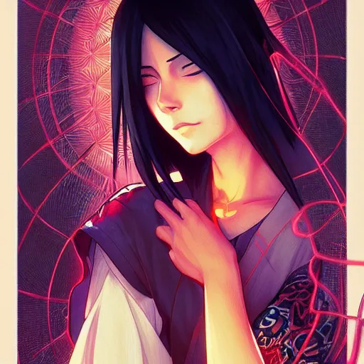 Image similar to itachi, glowing lights!! intricate, elegant, highly detailed, digital painting, artstation, concept art, smooth, sharp focus, illustration, art by artgerm and greg rutkowski and alphonse mucha