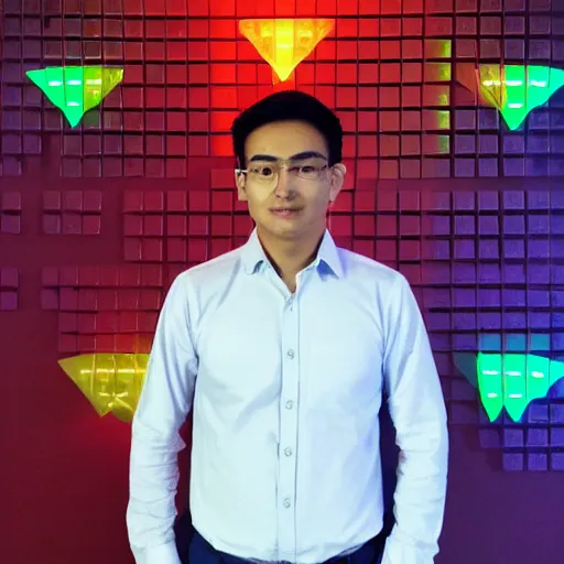Image similar to a 2 6 year old asian daytrader named jay standing proudly in front of triangular nanoleaf led lights on his wall