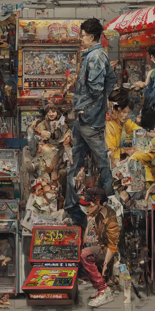 Image similar to oil painting scene from amusement arcade by kim jung gi