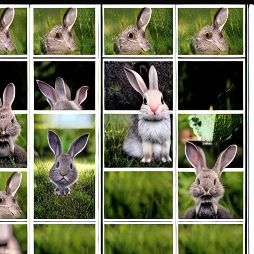 Image similar to a video of a rabbit jumping up over a fence, shown as a film strip showing 9 sequential stills from the video in a grid