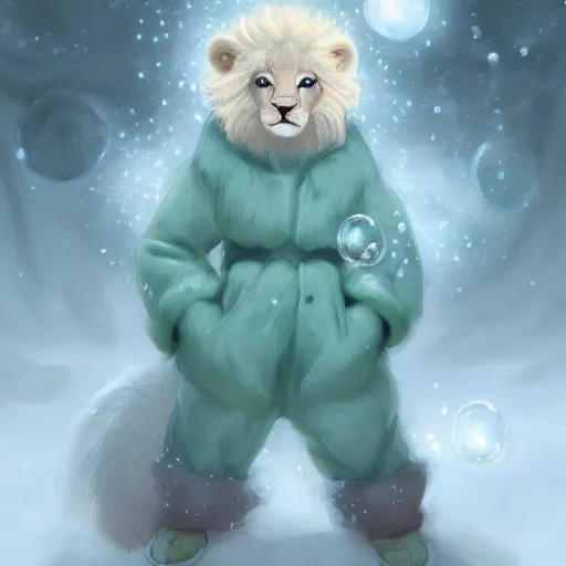 Image similar to aesthetic portrait commission of a albino male furry anthro lion cub popping floating bubbles while wearing a cute mint colored cozy soft pastel winter outfit, winter Atmosphere. Character design by charlie bowater, ross tran, artgerm, and makoto shinkai, detailed, inked, western comic book art, 2021 award winning painting