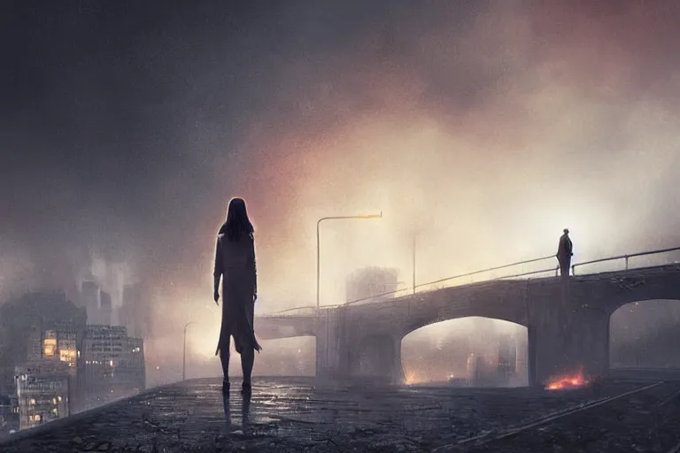 Prompt: a lonely woman stands alone on a dark bridge, overlooking a city that is engulfed in flames below her, digital art, 3 d modeling, light painting, night scene, atmospheric, surrealist, apocalyptic, apocalypse, illustrated by greg rutkowski, max hay