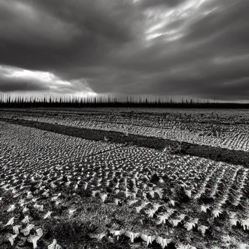 Prompt: radioactive spike field, creepy monotone black and white lighting, post nuclear fallout, desolate, no life, high resolution, old photo,