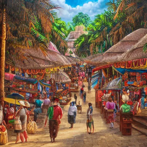 Prompt: enchanted painting of a bustling marketplace in a mayan city in the jungles of honduras, realistic, panoramic, 4 k