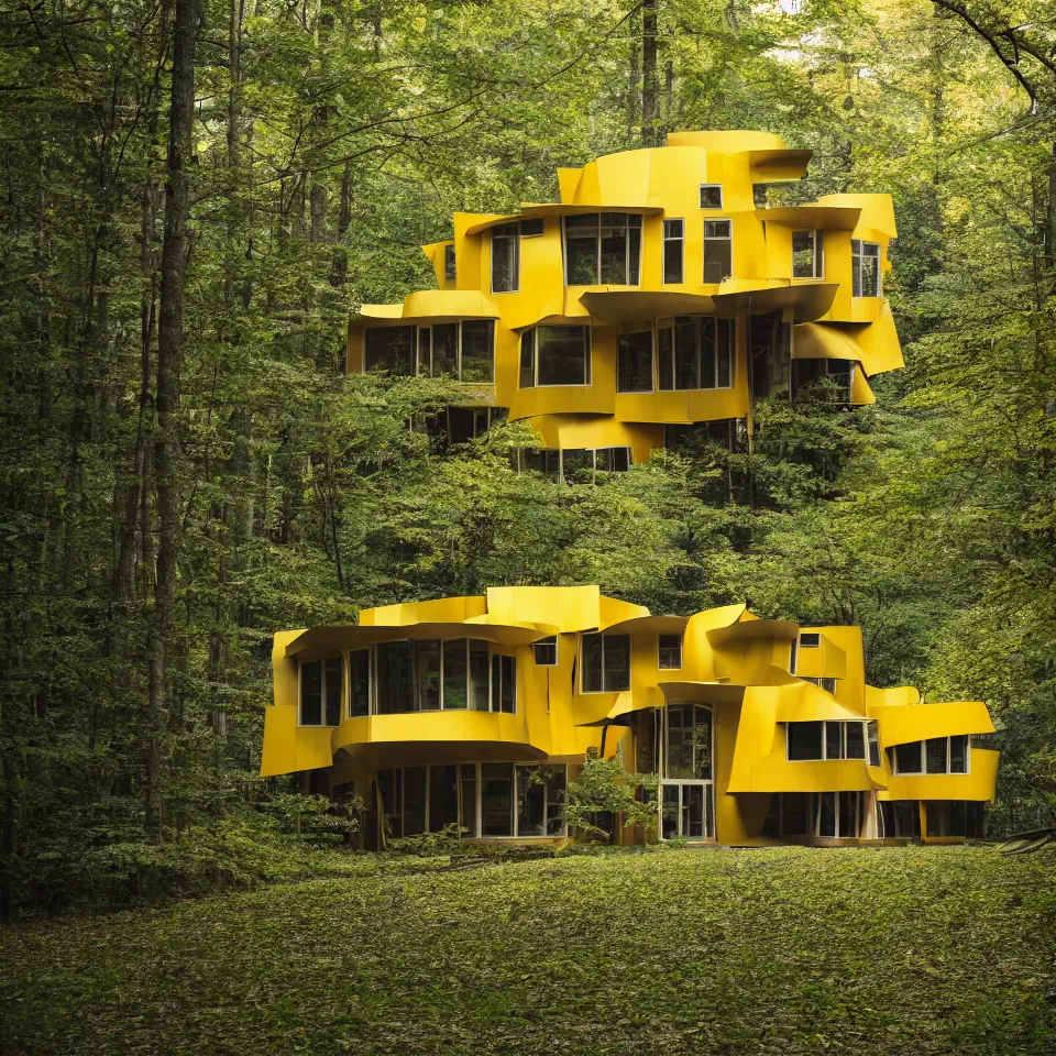 Image similar to architecture ad for a 1 story mid-century modern house in the middle of the forest, designed by Frank Gehry. Film grain, cinematic, yellow hue