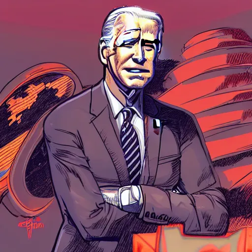 Prompt: Joe Biden doesn’t know where he is, lost. illustration concept art in the style of Arthur Adams