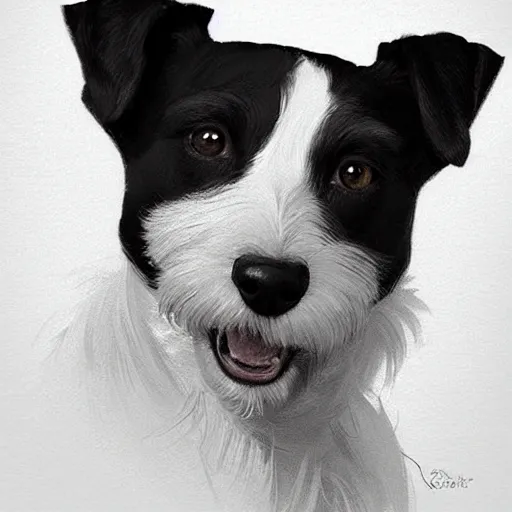 Prompt: portrait of black and white jack russel terrier, cute pixar concept art, highly detailed, digital painting, artstation, concept art, smooth, sharp focus, illustration, art by artgerm, greg rutkowski and alphonse mucha