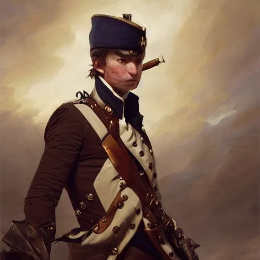 Image similar to a dramatic epic ethereal portrait of a soldier in French revolutionary wars, 18th century, full body with dynamic pose, male, detailed face, cinematic lighting, highly detailed oil on canvas painting by Greg Rutkowski, winning-award digital art trending on Artstation H 1024 W 832