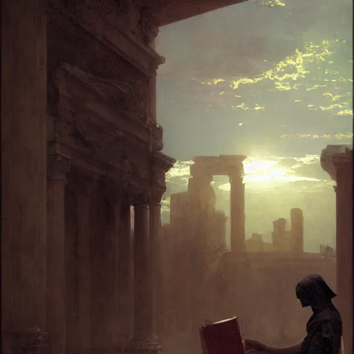 Image similar to half portait of magican wearing a cowl with big old book!, jeremy mann, jean leon gerome, tiepolo, alphonse mucha, greg rutkowski, face in the shadows, ( ( ruins of ancient rome ) ), at dusk, mysterious atmosphere, sunrays, dof, masterpiece, high detailed, 8 k