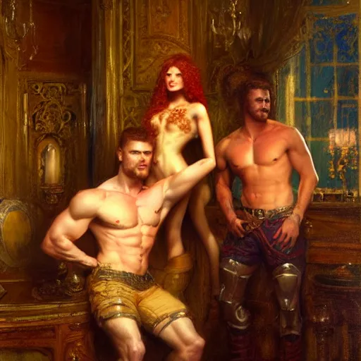 Prompt: attractive muscular mike with ginger hair with attractive tyler with brunet hair, drinking their hearts out, in their noble mansion. very defined and highly detailed painting by gaston bussiere, craig mullins 8 k