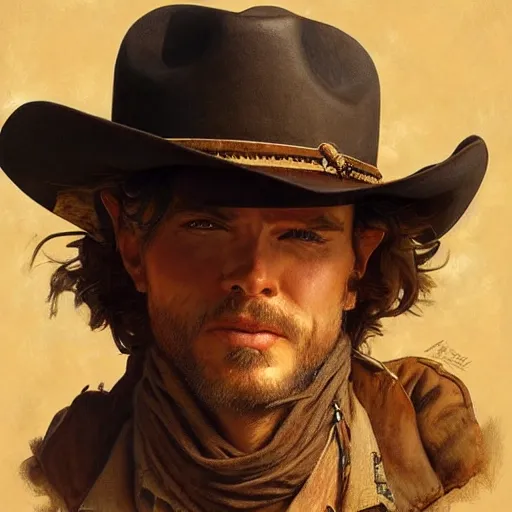 Image similar to a man, cowboy hat, portrait, wild west, fantasy, highly detailed, digital painting, artstation, concept art, sharp focus, illustration, art by J. C. Leyendecker and norman rockwell and artgerm and greg rutkowski and alphonse mucha