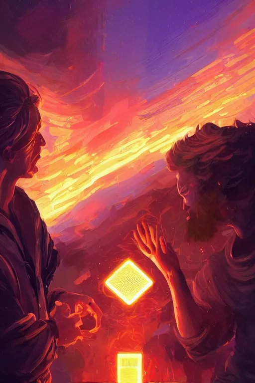 Image similar to the god prometheus handing a man a computer on fire, the fire is made of binary code, digital painting bioluminance alena aenami artworks in 4 k design by lois van baarle by sung choi by john kirby artgerm style pascal blanche and magali villeneuve