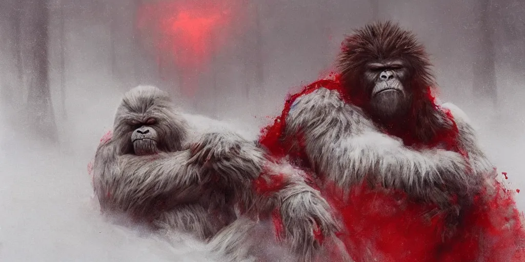 Image similar to the end is near. a tired yeti and bigfoot is sitting on his throne. face is highly detailed. splices of red are running down his toga. mist. color scheme red. low angle medium shot. rim light. imagined by jeremy lipking