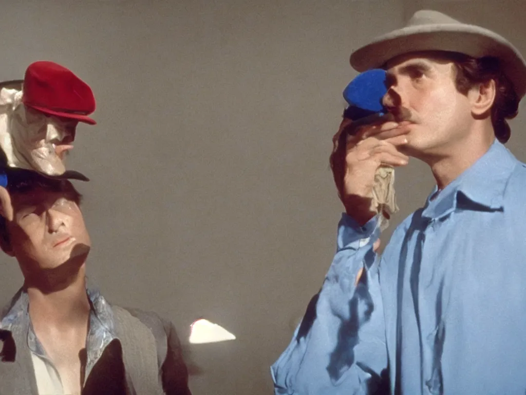 Image similar to Film Still of Mario in a hat in David Lynch's Blue Velvet film aesthetic!!!