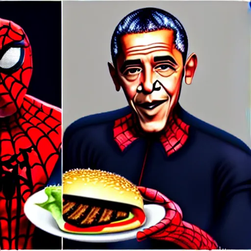 Image similar to barrack obama as spiderman, sitting on the iron throne, eating a burger, photorealistic, detailed facial portrait