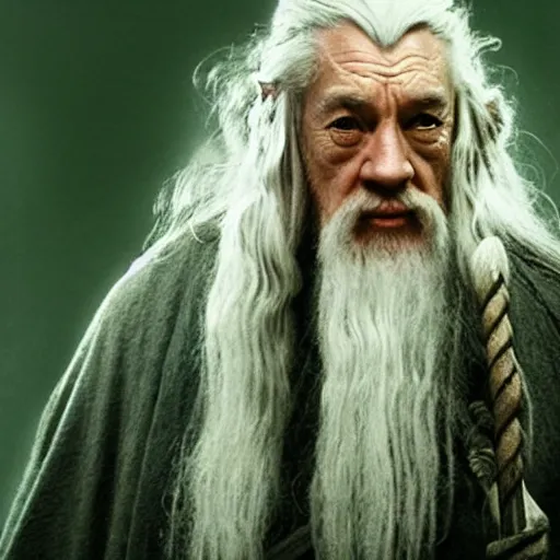 Image similar to a still from “ lord of the rings ” of a head and shoulders portrait of gandalf played by lu ting chu, photo by phil noto