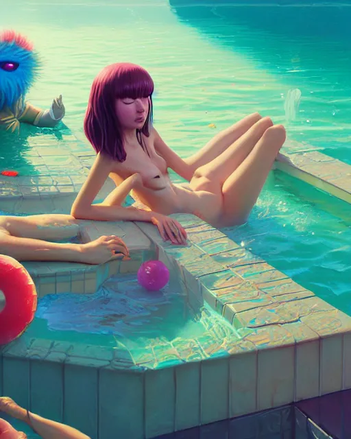 Image similar to highly detailed surreal vfx portrait of an anthropomorphic candy pool party, stephen bliss, unreal engine, greg rutkowski, loish, rhads, beeple, makoto shinkai and lois van baarle, ilya kuvshinov, rossdraws, tom bagshaw, global illumination, detailed and intricate environment