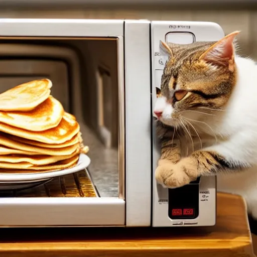 Image similar to a really cute cat eating pancakes on a microwave, photograph