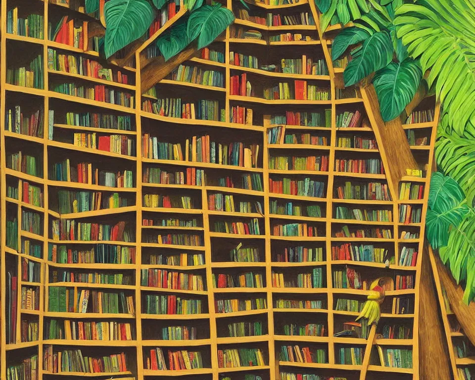 Image similar to one small bookshelf in the rainforest, featuring law books, by hopper. hyperdetailed, proportional, romantic, enchanting, achingly beautiful, graphic print, trending on artstation, jungle, tropical, foliage