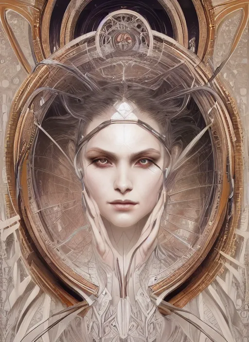 Prompt: symmetry!! white witch, machine parts embedded into face, intricate, elegant, highly detailed, digital painting, artstation, concept art, smooth, sharp focus, illustration, art by artgerm and greg rutkowski and alphonse mucha, 8 k