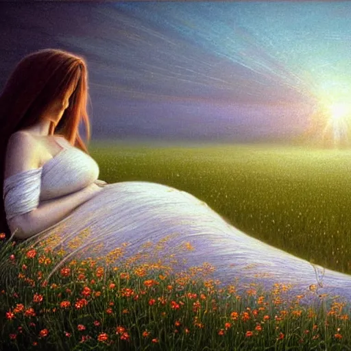 Prompt: a beautiful portrait of a pregnant woman in a white cotton dress pondering life as she watches the sun set, nature, field of wild flowers, deviantart, fantasy art, sunrays shine upon it, deviantart, mystical, art style by zdzistaw beksinski and peter gric and thomas kinkade