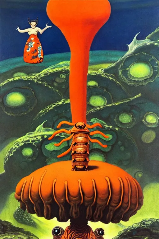 Image similar to a queen on top of a giant tardigrade retro japanese monster slimy leather, oil painting, 7 0 s vintage art, by georgia o keeffe, by gustave dore, by frank frazetta, nausicaa