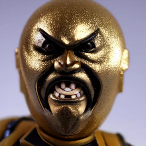 Prompt: Photo of an Evil moon-face action figure, japanese action figure, head looks like a moon, horror, gold and black color scheme