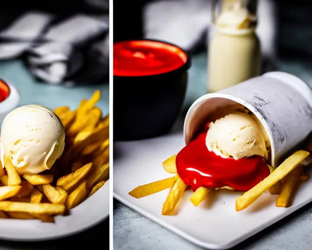 Image similar to dslr food photograph of vanilla ice cream with ketchup on, a leaf of oregano on the ice cream, french fries on the side, a bottle of ketchup, bokeh, 8 5 mm f 1. 4