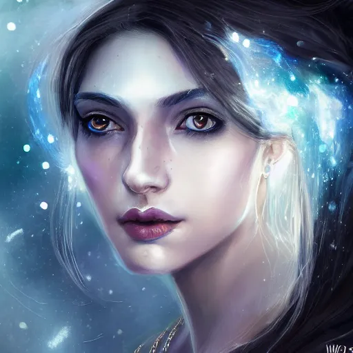 Image similar to masterpiece portrait of an aesthetic beautiful mage woman, ice spell, 3 0 years old woman, soft thin face, light eyes, black dynamic hair, wearing silver diadem with blue gems inlays, silver necklace, digital painting by wlop, atmospheric effects, chaotic blue sparks dynamics background, intricate, artstation, fantasy