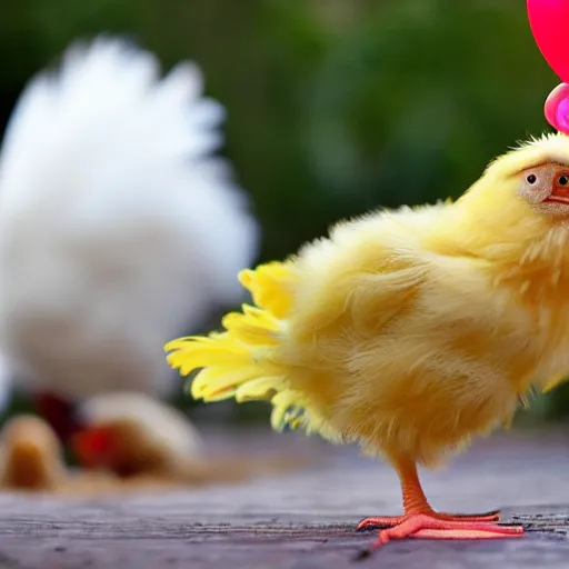 Image similar to a light yellowish downed baby chick is standing beside a rooster and a tiny birthday cake