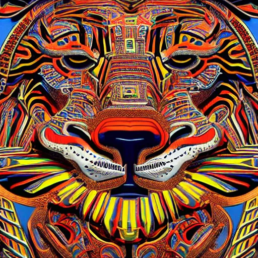 Prompt: coloured sculpture breathtakingly cool beautiful stylised mayan ornate biomechanical tiger, isometric perspective, 8 k