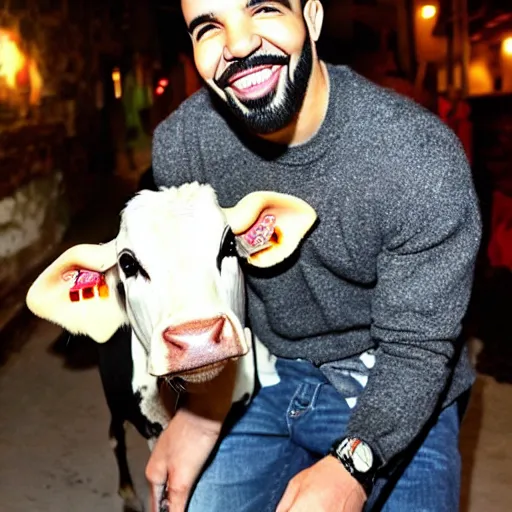 Prompt: drake smiling, with a cow