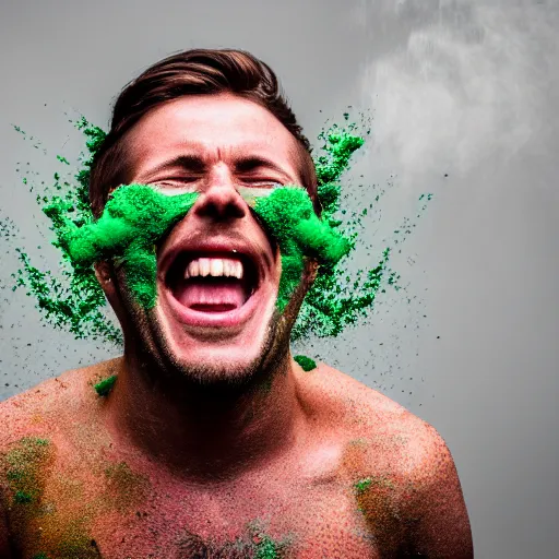 Prompt: man covered in green powder laughing hysterically, hyper detailed, award winning photograph, 8k image