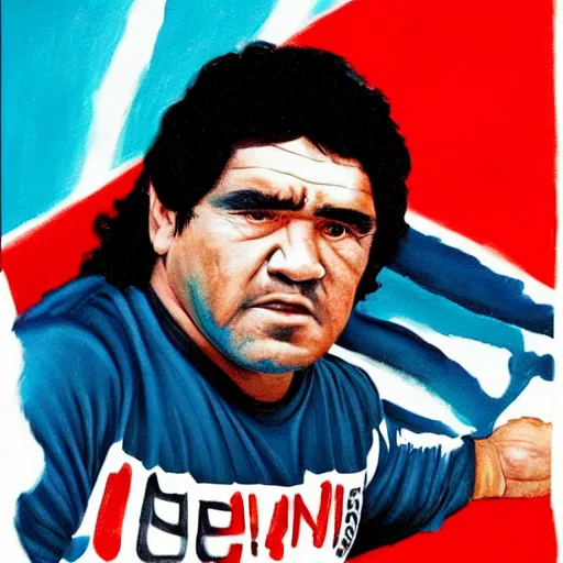 Image similar to diego maradona in movie 3 0 0 painted in white and cyan