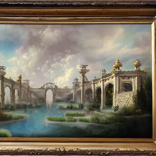 Prompt: bridge leading to an ornate palace in the clouds hyperrealistic fantasy-H 768