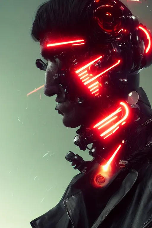 Image similar to head and shoulders render of man black leather jacket mid distance cyberpunk face ((single_glowing_red_eye red_emissives!)) android face mecha, inhuman creepy intimidating, exposed cable bundles black thick Tom Bagshaw and Greg Rutkowski and Alphonse Mucha Bladerunner 2049 screenshot artstation UE5 2066 trending 165mm