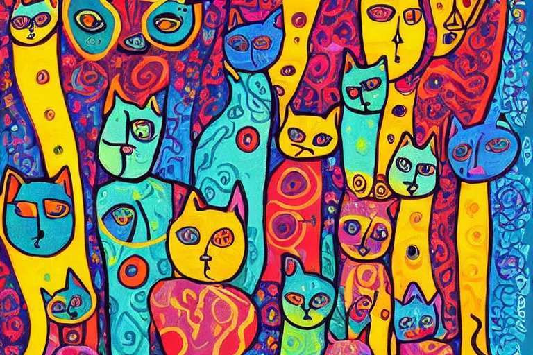 Image similar to beautiful art illustration of a group of cat by laurel burch