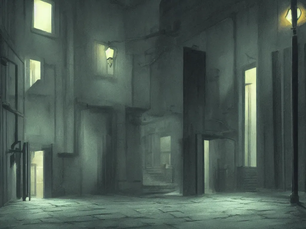 Image similar to a detailed matte painting of a nightscene with a dark alley at the end an illuminated door in the style of greg rutkowski and edward hopper