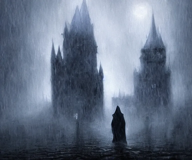 Image similar to a painting of a hooded figure entering a huge castle, raining and foggy, digital art by greg ruthowski, marc simonetti, anato finnstark and randy vargas, dynamic coloring, dark lighting, extremely detailedfeatured on artstation and art of the year on deviantart, brethtaking lighting