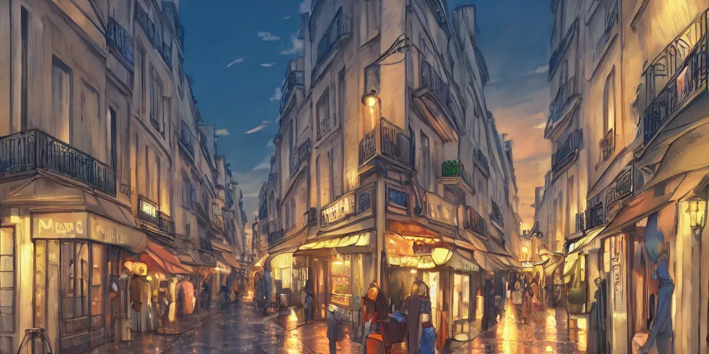 Image similar to a parisian street, a street in paris, ultra high quality, 4 k, by miyazaki and makoto shinkai, anime screenshot, colorful, artstation, pixiv,