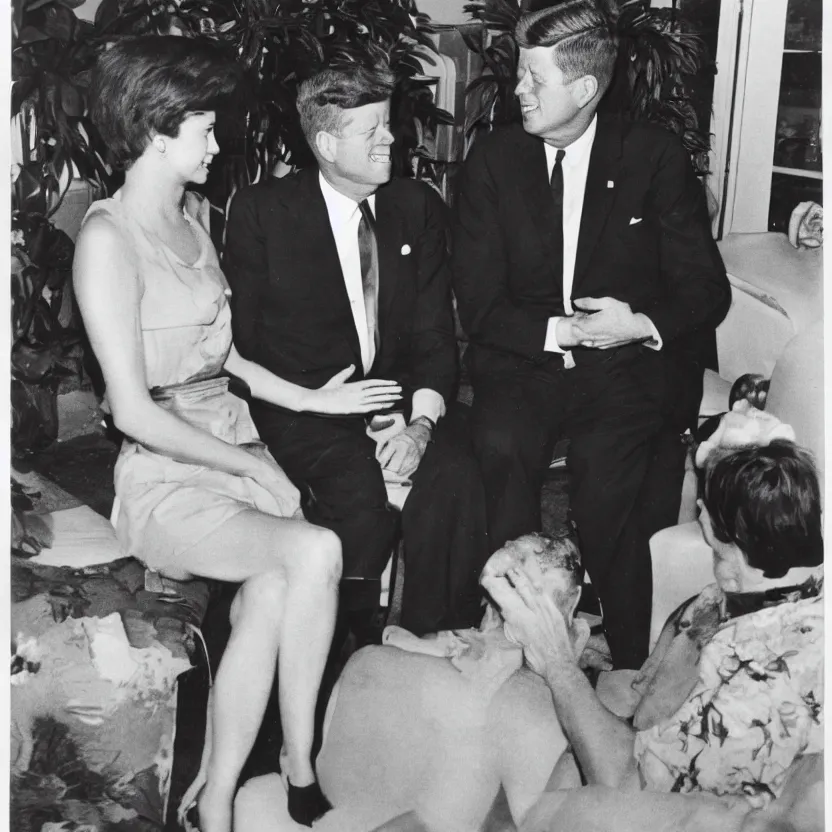 Prompt: vintage photo of president kennedy meeting with a lusty argonian maid