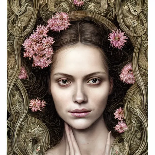 Prompt: facial portrait of a young pretty woman in flowing dress, arrogant, mysterious, long fine flowing hair, delicate, looking at camera, slightly awkward smile, realistic face, hands behind back, intricate, stylish, elegant, grimdark fantasy, flowers, extremely detailed painting by Martine Johanna and Ernst Haeckel and Greg Rutkowski