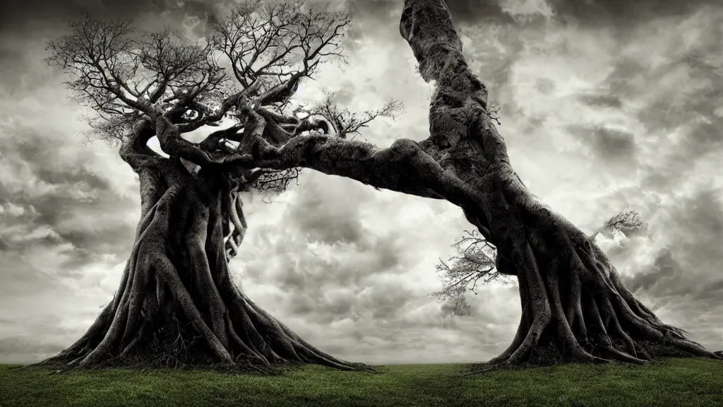 Image similar to tree roots reaching up into the clouds, surrealism photography by Sarolta Bán